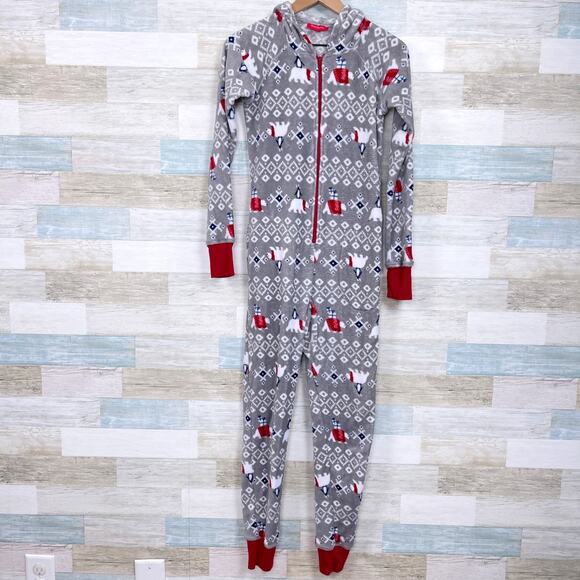 Macys Family PJs Polar Bear Fair Isle Fleece Union Suit Gray Hooded Womens XS - Picture 1 of 6